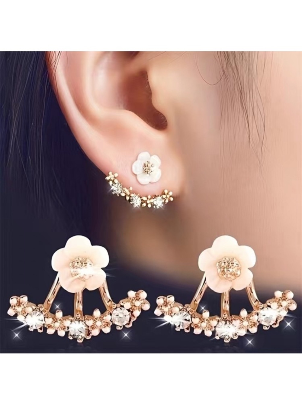Pretty Rose Gold Toned White Flower & Diamond Cuff Stud Earrings